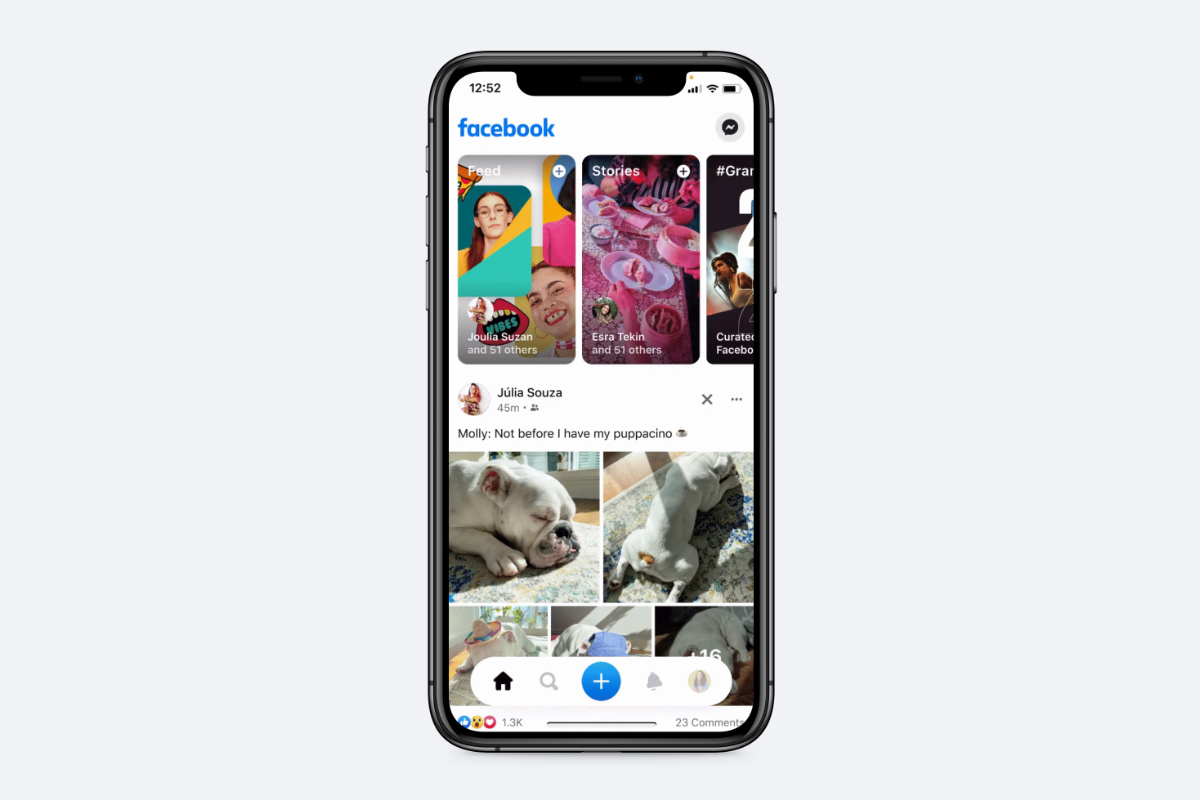Facebook Feed, Stories and Reels mobile UI